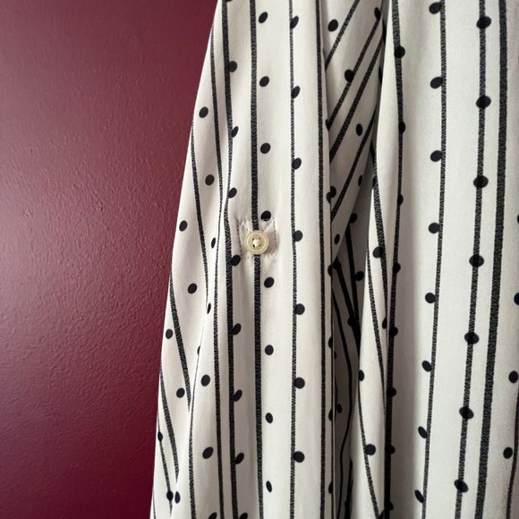 Loft: Camp shirt white with black stripes and black velvet flocked dots. Size . - Picture 3 of 7